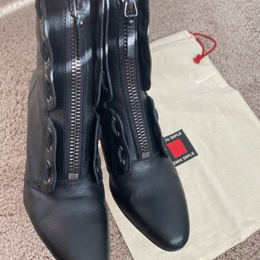 Zara SRPLS Real Leather High Wedge Black Ankle Boots Booties Zip Size 8 / 39 - Picture 13 of 16